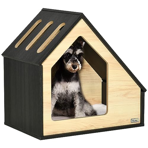 PawHut Hundehütte aus Holz mit abnehmbarem waschbarem Kissen und 3 Lüftungsöffnungen für den Innenbereich 60x40x59,2 cm Eiche und Dunkelbraun von PawHut