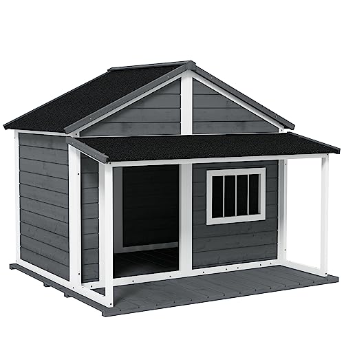 PawHut Hundehütte aus Massivholz Kleintierhaus Hundehaus mit Terrasse Asphaltdach Outdoor wetterfeste Hütte für draußen Grau 124 x 112 x 105 cm von PawHut