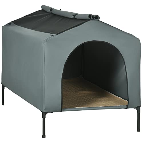 PawHut Hundehütte mit Outdoor-Abdeckung 130x85x95 cm Hochbett mit Kissen und aufrollbaren Mesh-Fenstern für große Hunde Grau von PawHut