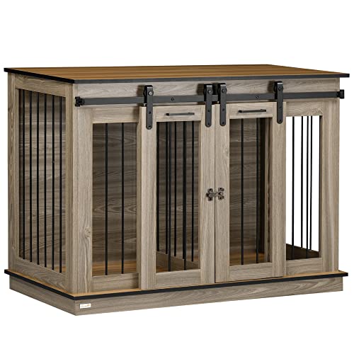 PawHut Hundekäfig, Haustierkäfig, Hundehütte mit Zweiraum-Option für Mittelegroße Hunde, Hundebox mit Doppeltüren, Hundehaus, Eiche, 120 x 60 x 88,5 cm von PawHut