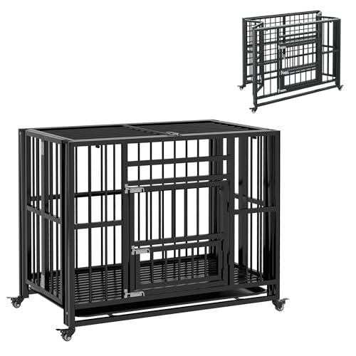 PawHut Hundekäfig, Haustierkäfig, Klappbare Hundehütte für kleine und mittelgroße Hunde, Hundebox mit Doppeltüren, Rollen, Hundehaus, Stahl, Schwarz, 94 x 58 x 78 cm PawHut Hundekäfig, Haustierkäfig, Klappbare Hundehütte für kleine und mittelgroße Hunde, Hundebox mit Doppeltüren, Rollen, Hundehaus, Stahl, Schwarz, 94 x 58 x 78 cm von PawHut