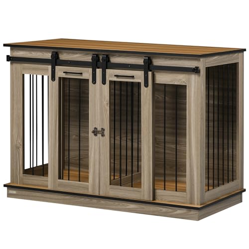 PawHut Hundekäfig, Hundebox, Haustierkäfig mit Doppeltüren, Hundehaus mit Zweiraum-Option, Hundehütte für Mittelegroße Hunde, 120 x 60 x 88,5 cm, Eiche von PawHut