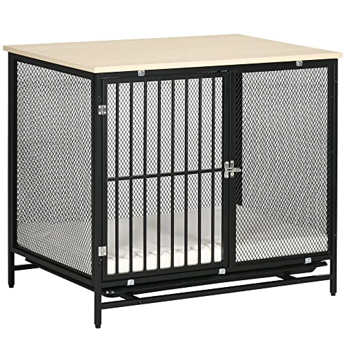 PawHut Hundekäfig für Zuhause, Abschließbar Hundehütte mit Kissen, Hundebox mit Paletten, Hundehaus für mittelgroße Hunde unter 20 kg, Eiche, 88 x 55 x 71 cm von PawHut