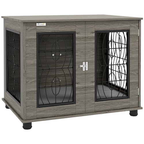 PawHut Hundekäfig, Hundehaus mit Kissen, Verschließbare Vordertür, Indoor Hundehütte mit Drahtgeflecht-Belüftung für mittelgroße Hunde bis 20 kg, Grau, 80 x 56 x 63 cm von PawHut