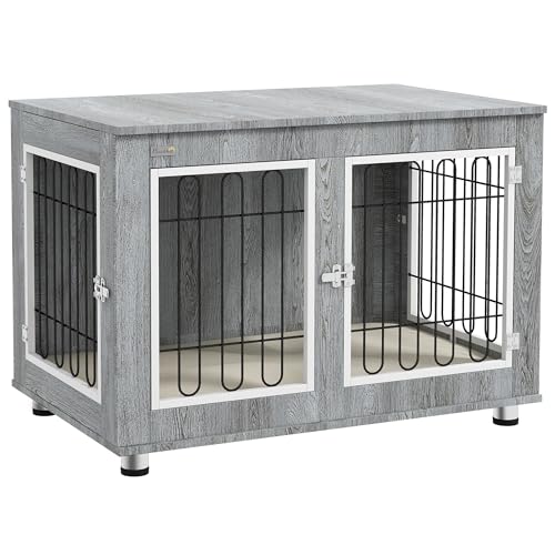 PawHut Hundekäfig, Hundehütte, Haustierkäfig mit Kissen, 2 Verriegelungen für Mittelegroße Hunde, Hundebox mit Doppeltüren, Hundehaus, Grau, 90 x 58 x 65 cm von PawHut