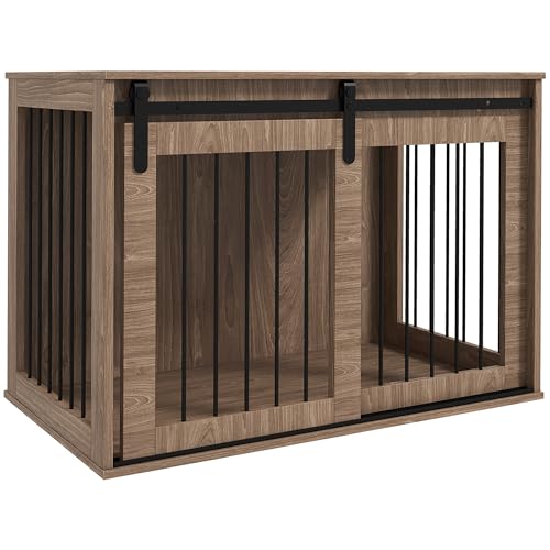 PawHut Hundekäfig Hundebox mit Schiebetür, Hundehütte Indoor mit Holzoptik, Verriegelung, Hundehaus für große Hunde bis 30 kg, 98 x 58 x 61 cm, Walnuss von PawHut