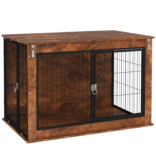 PawHut Hundekäfig Möbel, Hundebox für Zuhause, Beistelltisch für große Hunde unter 30 kg, Hundehaus mit 2 verschließbaren Türen, Stahl, 98 x 60 x 65,5 cm, Rustikales Braun von PawHut