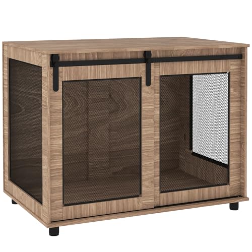 PawHut Hundekäfig Möbel, Hundebox mit 2 verschließbaren Türen, Beistelltisch für Zuhause, Hundehaus für große Hunde unter 30 kg, Stahl, 98 x 60 x 78 cm, Nussbaum von PawHut