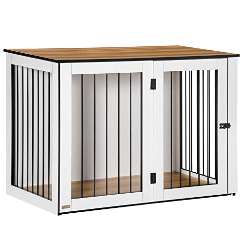 PawHut Hundekäfig Möbel, Hundebox mit Tür und Fenster, Beistelltisch für Zuhause, Hundehaus für große Hunde unter 30 kg, Stahl, 106 x 60 x 76 cm, Eiche+Weiß von PawHut