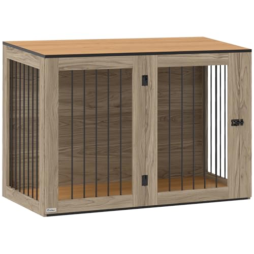 PawHut Hundekäfig Möbel, Hundebox mit Tür und Fenster, Beistelltisch für Zuhause, Hundehaus für große Hunde unter 30 kg, Stahl, 106 x 60 x 76 cm, Eiche von PawHut