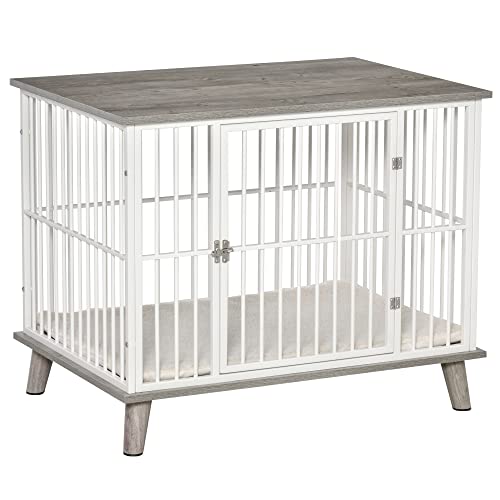 PawHut Hundekäfig für Zuhause, Abschließbar Hundehütte mit Kissen, Hundebox mit Tür, Hundehaus für mittelgroße Hunde unter 15 kg, Grau, 86 x 60 x 70 cm von PawHut