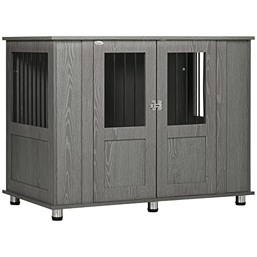 PawHut Hundekäfig für Zuhause, Haustierkäfig, Hundehütte Indoor mit Schloss, Magnettür, Hundehaus mit Fenster, Hundebox für extra große Hunde, Grau, 114 x 60 x 82 cm von PawHut