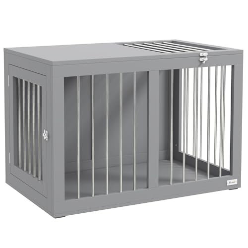 PawHut Hundekäfig für Zuhause, Hundehütte, Haustierkäfig für mittelgroße Hunde, Hundebox mit Türen, Hundehaus, Transportkäfig, Grau, 80 x 50 x 56,5 cm von PawHut