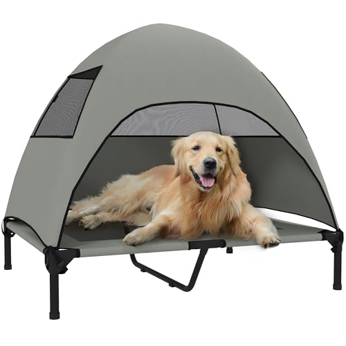 PawHut Hundeliege Outdoor mit Dach, Erhöhtes Hundebett für Große Hunde, Kühlendes Haustierliege mit Waschbares Mesh Metallrahmen Tragtasche, Haustierbett für Draußen Camping 91x76x90cm, Hellgrau PawHut Hundeliege Outdoor mit Dach, Erhöhtes Hundebett für Große Hunde, Kühlendes Haustierliege mit Waschbares Mesh Metallrahmen Tragtasche, Haustierbett für Draußen Camping 91x76x90cm, Hellgrau von PawHut