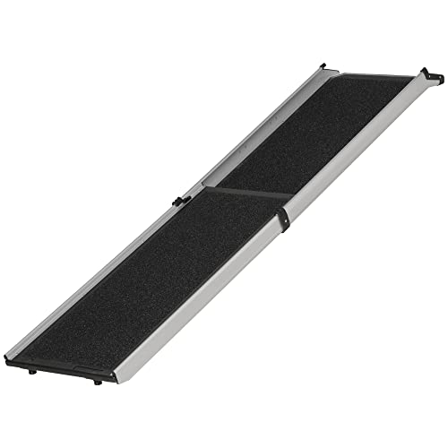 PawHut Hunderampe Haustierrampe klappbar Hundetreppe mit Tragegriff Teleskop Autorampe Tierrampe rutschfest Aluminium Schwarz+Silber 183 x 42 x 6,5 cm von PawHut