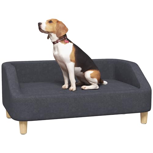 PawHut Hundesofa, Haustiersofa Katzensofa Hundebett für mittelgroße und große Hunde, Hundecouch mit Erhöhtem Design, Hundesessel mit Holzbeine, Dunkelgrau, 95 x 63 x 39 cm von PawHut