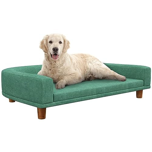 PawHut Hundesofa, Haustiersofa Katzensofa mit Kissen, Hundebett für große Hunde, Hundecouch mit Erhöhtem Design, Hundesessel mit Holzbeine, Grün, 98 x 67 x 25 cm von PawHut