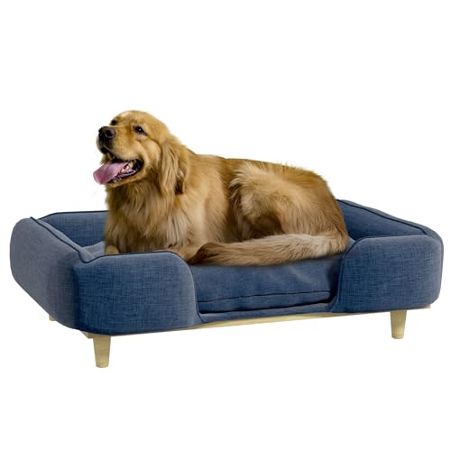 PawHut Hundesofa, Haustiersofa mit Kissen, Hundebett mit Erhöhtem Design, Katzensofa, Hundecouch, Hundesessel mit Holzbeine, Polyester, Dunkelblau, 96 x 66 x 24 cm von PawHut