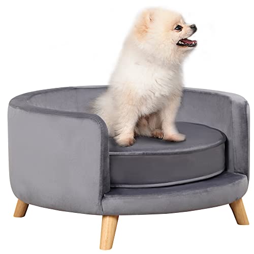 PawHut Hundesofa, Haustiersofa mit Samtoptik, Katzensofa mit Kissen, Hundebett, Hundecouch mit Erhöhtem Design, Hundesessel mit Holzbeine, Grau, 68 x 68 x 35 cm von PawHut