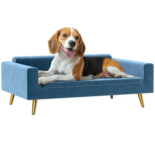 PawHut Hundesofa, Hundebett, Bezug aus seidigem Samt, 94 x 59,5 x 31,5 cm, skandinavisches Design, Hundesofa auf Füßen, mit weichem Kissen, Füße aus rostfreiem Stahl, blau von PawHut