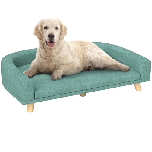 PawHut Hundesofa, Hundebett, Hundecouch mit Erhöhtem Design, Haustiersofa mit Kissen, Hundesessel mit Holzbeine, Katzensofa für große Hunde, 98 x 67 x 25 cm, Grün von PawHut