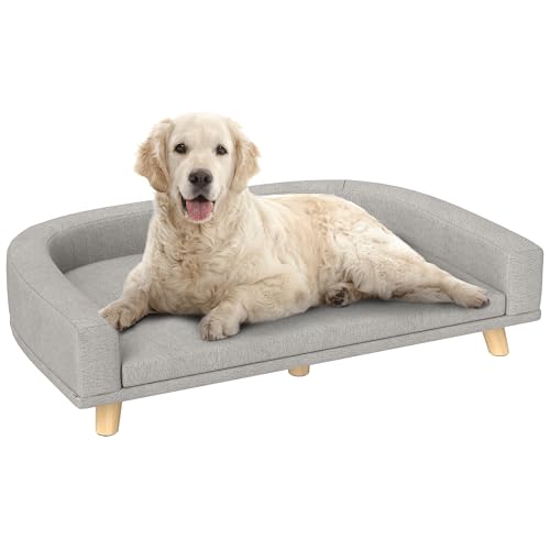 PawHut Hundesofa, Hundebett, Hundesessel mit Erhöhtem Design, Hundecouch mit Holzbeine, Haustiersofa mit Kissen, Katzensofa für große Hunde, 98 x 67 x 25 cm, Grau von PawHut