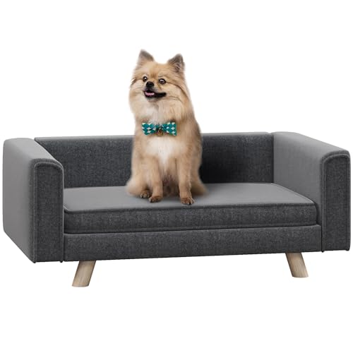 PawHut Hundesofa, Hundebett mit Erhöhtem Design, abnehmbarem und waschbarem Bezug, Haustiersofa mit Holzbeine, für kleine und mittelgroße Hunde, Grau von PawHut