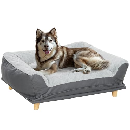 PawHut Hundesofa, Hundesessel, abnehmbares Oberteil, Abnehmbarer und waschbarer Bezug, Füße aus Kiefernholz mit rutschfesten Pads, 100 x 70 x 30 cm, grau von PawHut