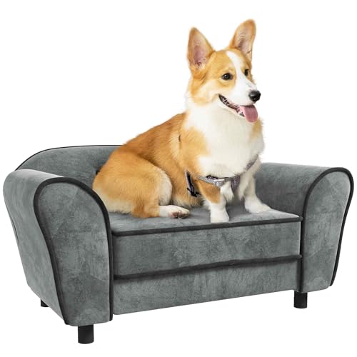 PawHut Hundesofa, Katzensofa, Rückenlehne, gepolstert, niederländischer Samt, waschbar, Sofa, für Haustiere, 74 x 41 x 32,5 cm, Grau von PawHut