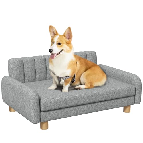 PawHut Hundesofa Haustiersofa Hundecouch Hundebett mit weichem Kissen, Erhöhter Hundesessel für mittelgroße Hunde, Leinenimitat, Grau, 94 x 61 x 40 cm von PawHut