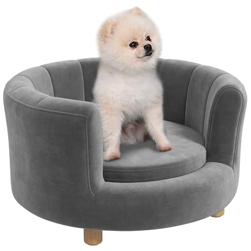 PawHut Hundesofa Hundecouch, Waschbarer Bezug, Haustiersofa mit Rückenlehne und Holzbeine, Katzensofa, für kleine Hunde unter 4,5 kg, Grau von PawHut