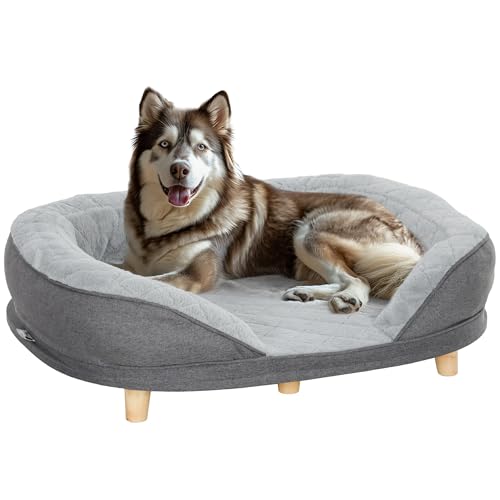 PawHut Hundesofa Hundecouch, Waschbarer Bezug, Haustiersofa mit Rückenlehne und Holzbeine, Katzensofa, Hundbett für mittelgroße Hunde unter 25 kg, 90cm x 78cm x 25cm, Grau von PawHut