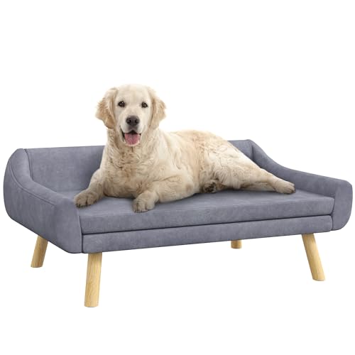 PawHut Hundesofa Katzensofa mit Rückenlehne, Hundecouch mit Holzbeine, Haustiersofa mit Kissen, Hundebett für mittelgroße und große Hunde, Samt, Grau, 102 x 58,5 x 42,5 cm von PawHut