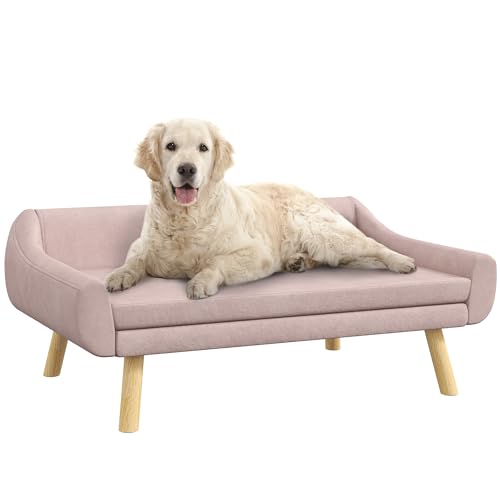 PawHut Hundesofa Katzensofa mit Rückenlehne, Hundecouch mit Holzbeine, Haustiersofa mit Kissen, Hundebett für mittelgroße und große Hunde, Samt, Rosa, 102 x 58,5 x 42,5 cm von PawHut