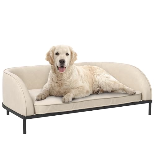 PawHut Hundesofa erhöhtes Hundebett 101,5 x 62 x 34,5 cm, Kissen mit abnehmbarem Bezug, Füße aus Stahl, Oberfläche aus Velours, cremeweiß, schwarz von PawHut