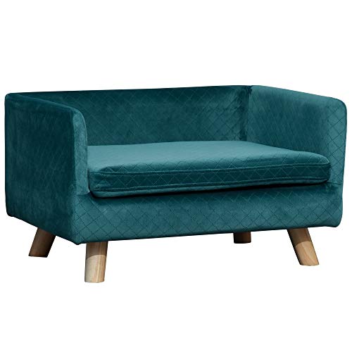 PawHut Hundesofa für Hunde, skandinavisches Design, weiches Kissen, Füße aus Massivholz, Maße: 64 x 45 x 36 cm, Velours, Entenblau von PawHut