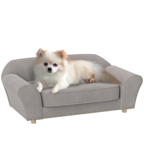 PawHut Hundesofa für kleine Hunde, Hundebett mit abnehmbarem und waschbarem Kissen, Haustiersofa mit Nietendekoration, 10 kg, Grau von PawHut