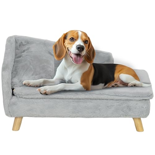 PawHut Hundesofa für mittelgroße Hunde, Hundebett mit abnehmbarem und waschbarem Kissen, Haustiersofa mit Holzbeine, mit Erhöhtem Design, 15 kg, Hellgrau von PawHut