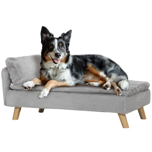 PawHut Hundesofa für mittelgroße Hunde, Hundebett mit abnehmbarem und waschbarem Kissen, Haustiersofa mit Holzbeine, mit Erhöhtem Design, 20 kg, Hellgrau von PawHut