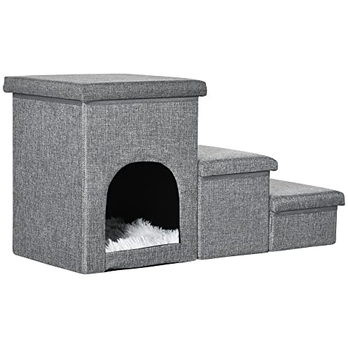 PawHut Hundetreppe, 3 Stufige Katzentreppe mit Höhle, Haustiertreppe mit Stauraum, Kissen, 3-in-1 Haustierrampe, bis 10 kg Belastbar, für Sofa, Bett, Leinen, Hellgrau von PawHut