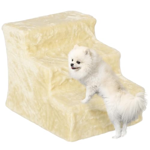 PawHut Hundetreppe 3-stufig, 35 cm Katzentreppe für Bett und Sofa, Haustiertreppe für Hunde und Katzen bis 5 kg, Plüschoptik, Beige von PawHut