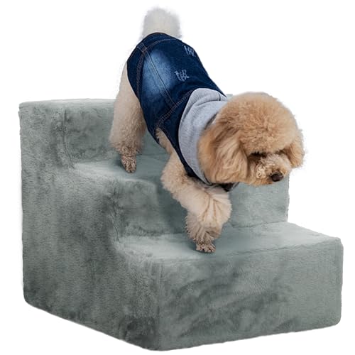 PawHut Hundetreppe 3-stufig, 35 cm Katzentreppe für Bett und Sofa, Haustiertreppe für Hunde und Katzen bis 5 kg, Plüschoptik, Hellgrau von PawHut