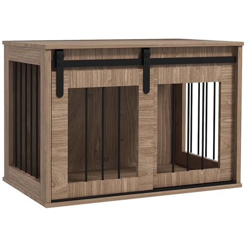 PawHut Käfig, Hundehütte für Haustiere, Innenbereich, 1 Schiebetür, Beistelltisch, Metall, Holzoptik, Maße: 57 x 80 x 54 cm (H x B x T) von PawHut