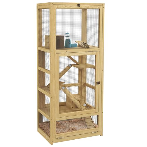 PawHut Käfig für Hamster oder Mäuse, Kleintiere aus Holz, 5 Ebenen mit Leiter, Nische, Schaukel, abnehmbare Platte, Tränke, 54 x 38 x 131 cm, Natur von PawHut