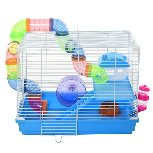 PawHut Käfig für Nagetiere, Hamster, 2 Ebenen, mit Tunnel, Wasserflasche, Rädern, Haus, Leiter, Maße: 46 x 30 x 37 cm (L x B x H) von PawHut