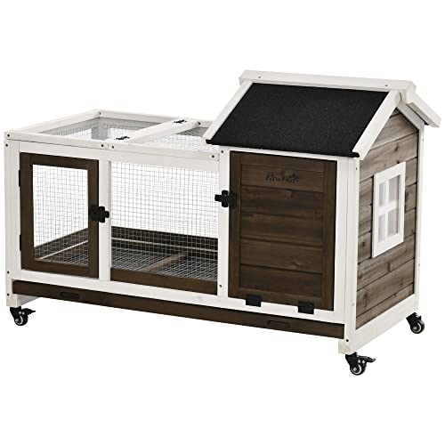 PawHut Kaninchenstall Nagerstall auf Rädern 2 verschließbare Türen Kotschublade - ABM. 108L x 58l x 73,5H cm - Holz von PawHut