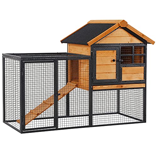 PawHut Kaninchenstall erhöhtes Haustier Haus Kleintierstall mit Freilaufgehege, Abschließbare Tür Outdoor Holz-Metall Hellgelb 122 x 63 x 92 cm von PawHut