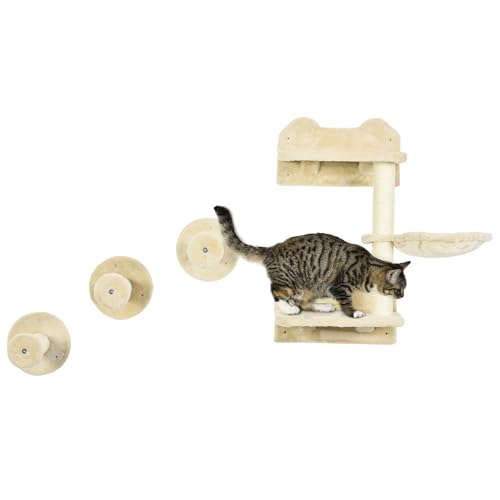 PawHut Katzen Kletterwand, 4-teilig, Katzenkletterwand, inkl. 1 x Sprungturm, 3 x Kratzbäume, Kletterwand Set, Kratzbaum mit Hängematte, Wandliege Katzen, Katzentreppe, Sisal, Beige+Cremeweiß von PawHut