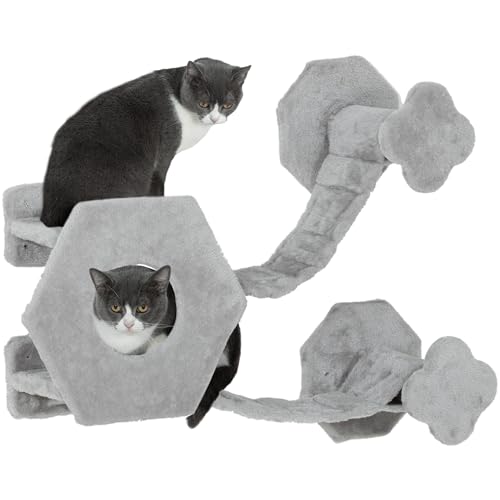 PawHut Katzen Kletterwand, Katzenliege mit Stufen, Katzenhöhle, Sprungturm, Spielzeugball, Katzenplattform für Katzen bis 5 kg, Hellgrau von PawHut