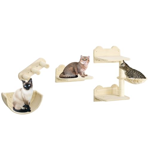 PawHut Katzen Kletterwand 4 TLG. Klettern Katzenkratzbaum mit Kaztentreppe, Hängematte, Sprungplatt, Wandkratzbaum, Wand Katzenmöbel für Katzen bis 5 kg, Polyester, Beige von PawHut